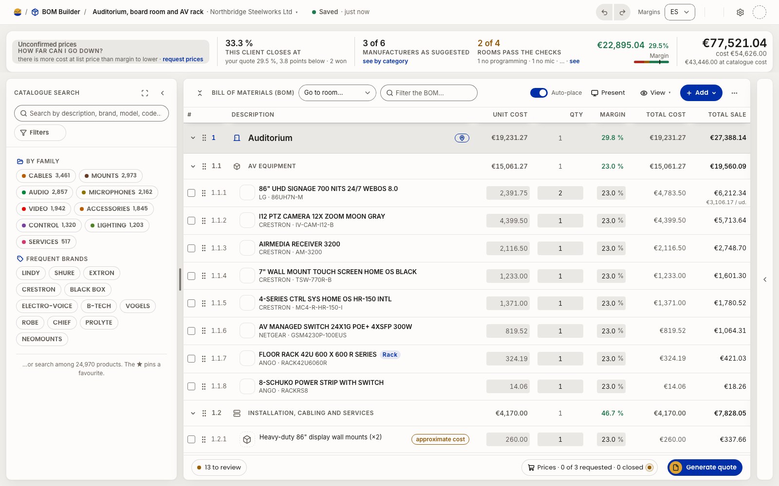 Bill of materials with costs, margins and the quote total