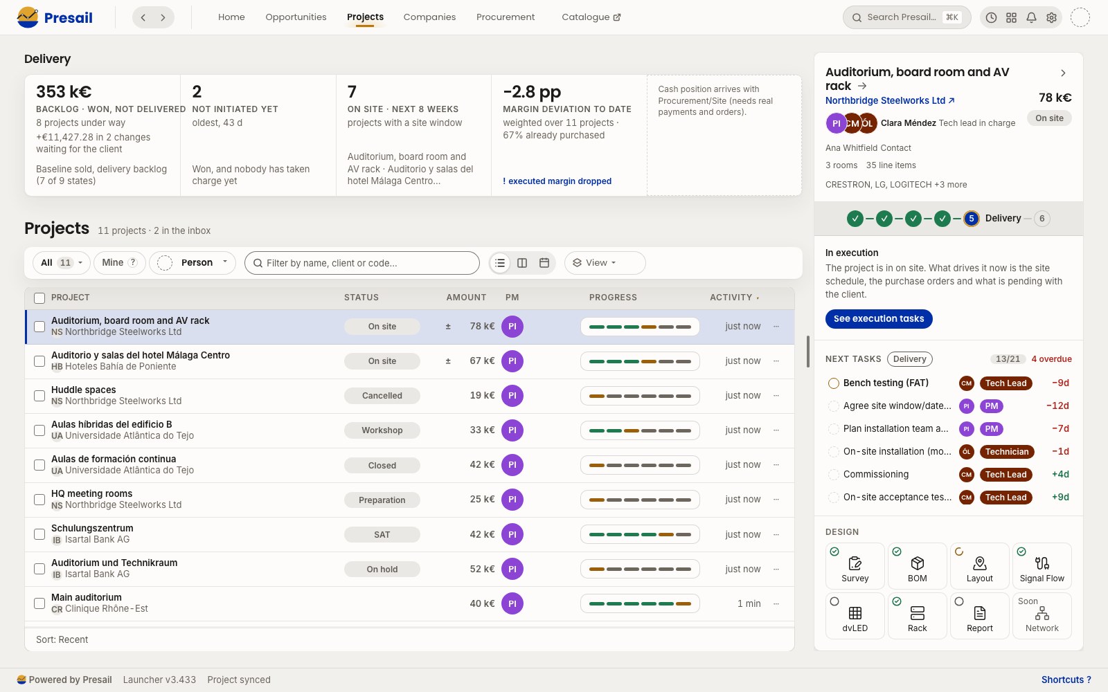 Projects in delivery with the next site tasks
