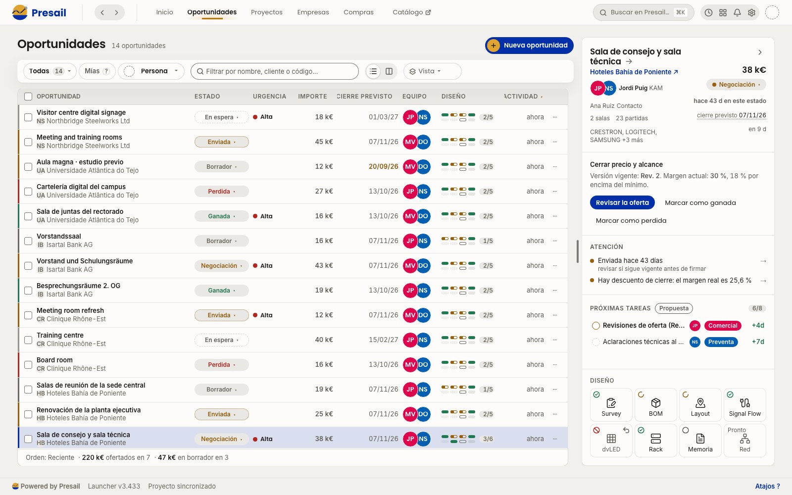 Vista de oportunidades con una oportunidad en negociación y sus próximas tareas