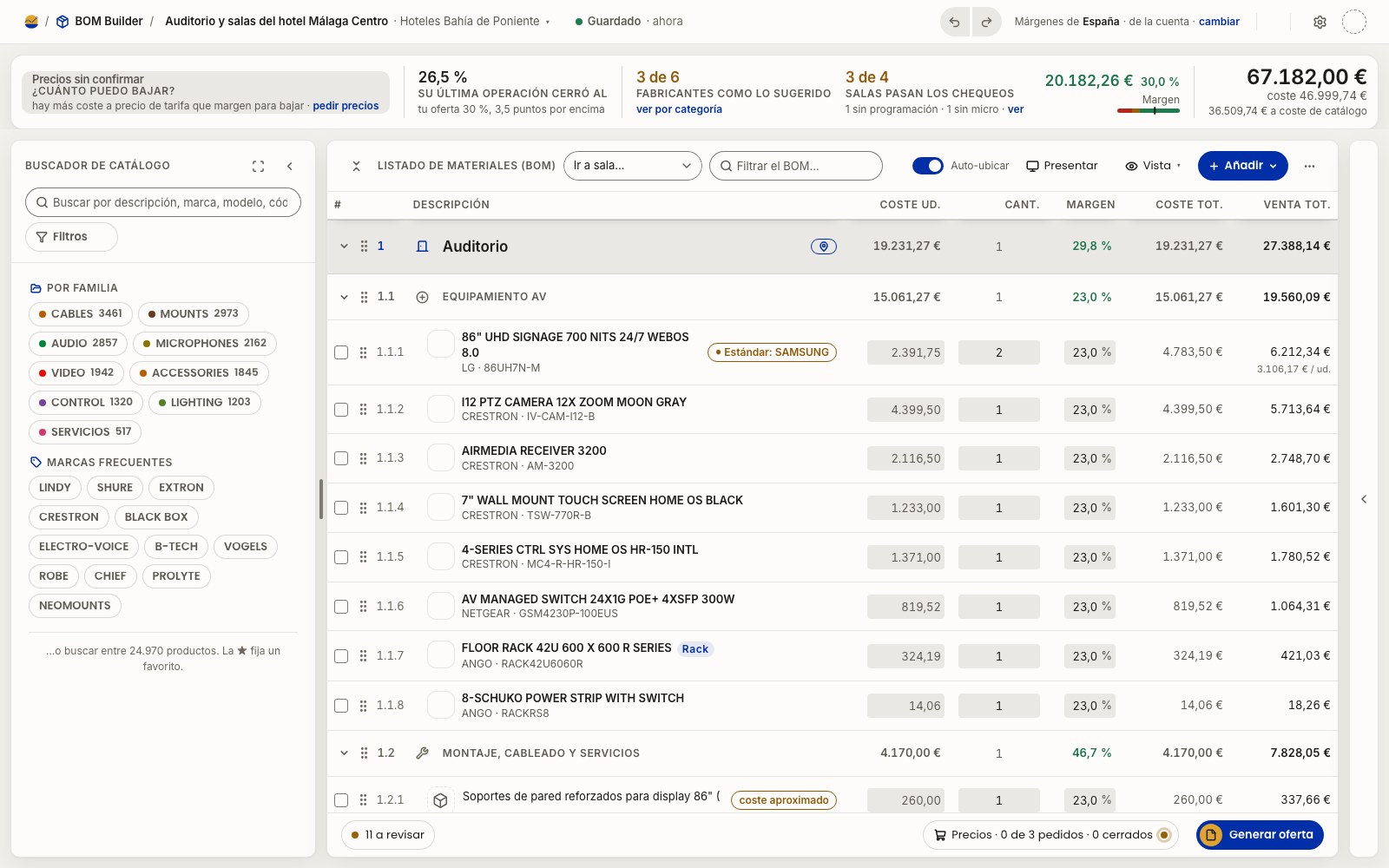 Lista de materiales con costes, márgenes y el total de la oferta